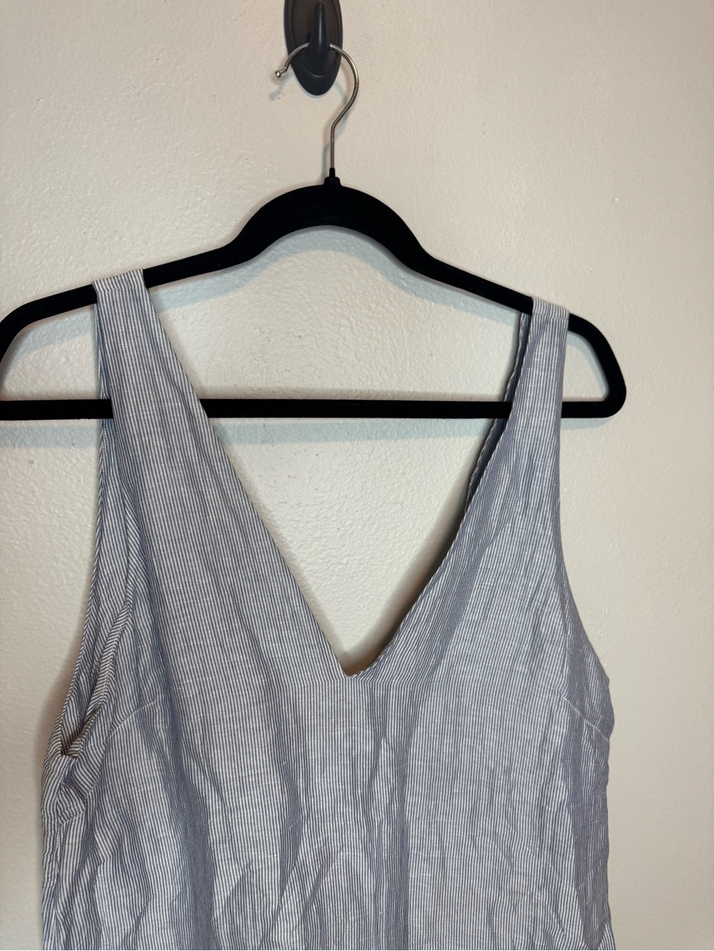 Lunya Linen Silk Double V Midi Dress Blue Pinstripe - Picture 6 of 11